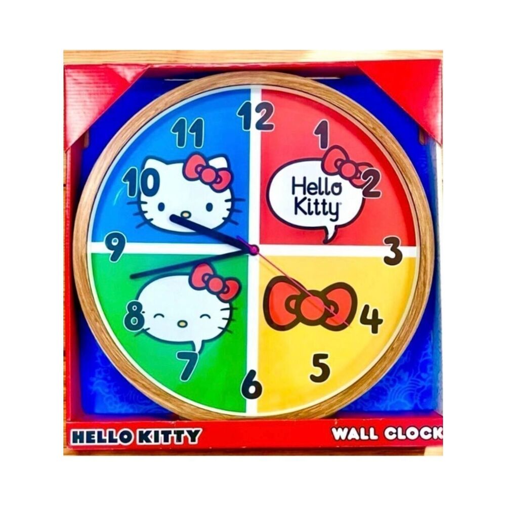 NWT Gorgeous Huge Sanrio 16”D Red Blue Yellow Green Hello Kitty Wood Wall Clock